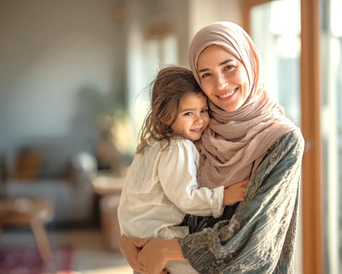 Eine Mutter hält lächelnd ihre Tochter im Arm